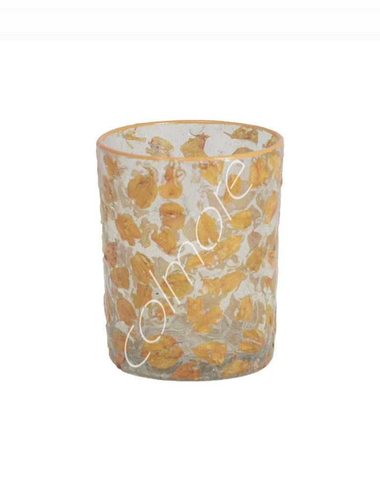 Votive glass gold flower leaf/orange line 10x10x13