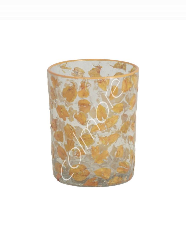 Votive glass SET4 gold flower leaforange line 7x7x9