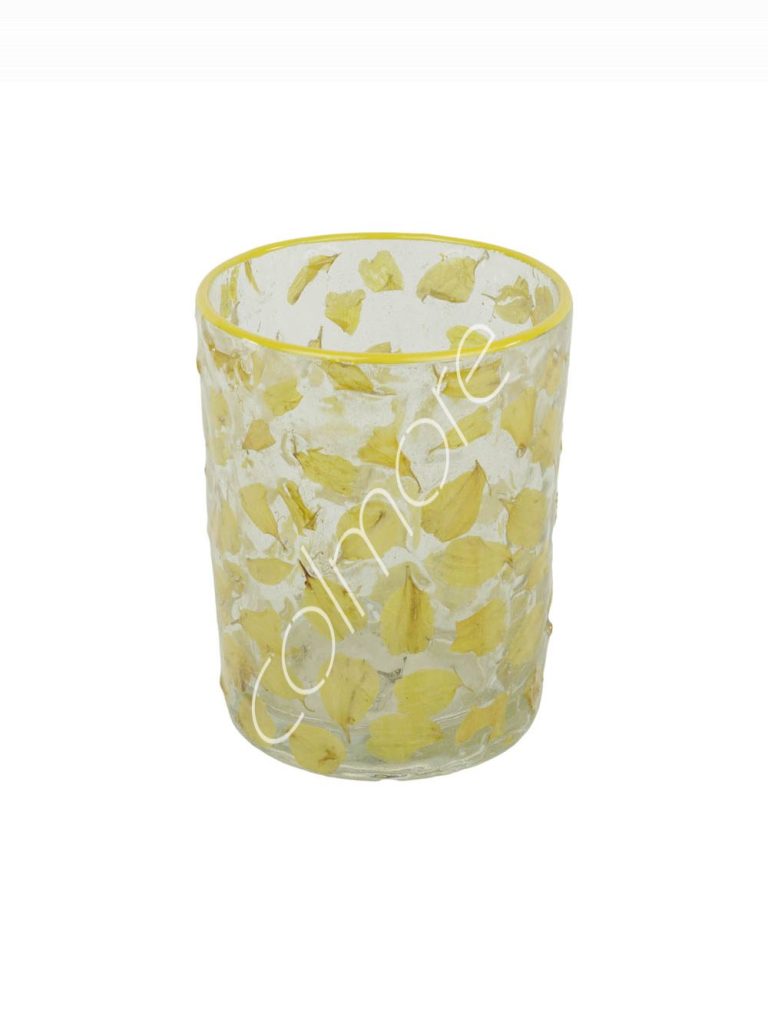 Votive glass gold flower leafyellow line 10x10x13