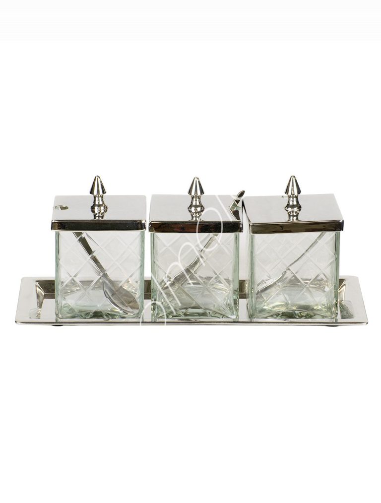 Three jars w/lid & spoon on tray ss/NI 33x13x13