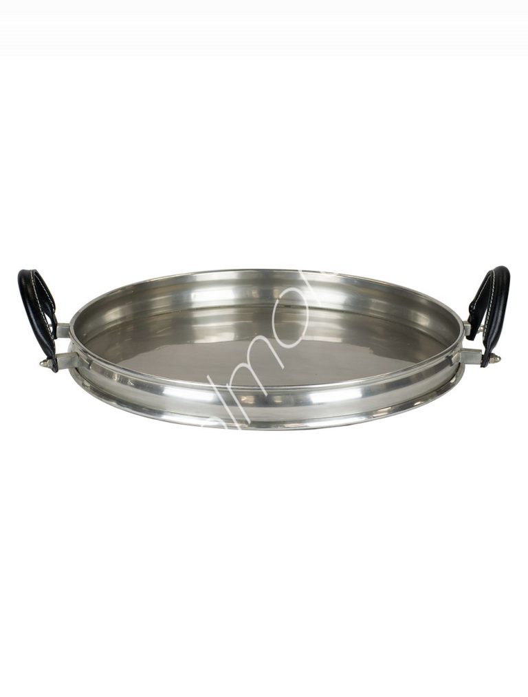 Tray round w/leather handles BR/PEW 40cm