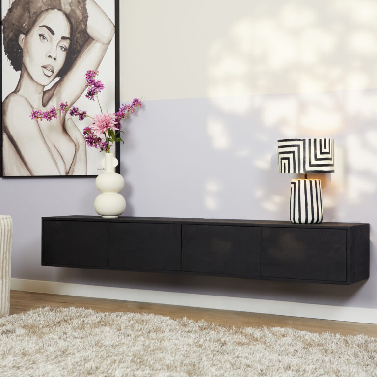 Zwevend tv meubel Vison Zwart Mangohout 200 cm