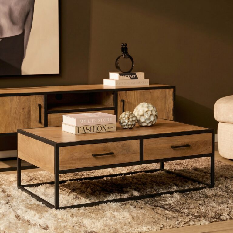 Rechthoekige salontafel Dakota met lades Naturel Mangohout 130 cm