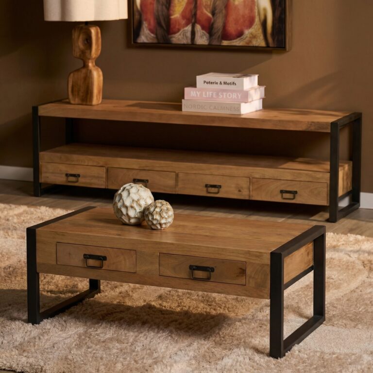 Salontafel Britt met twee lades Naturel Mangohout 120 cm