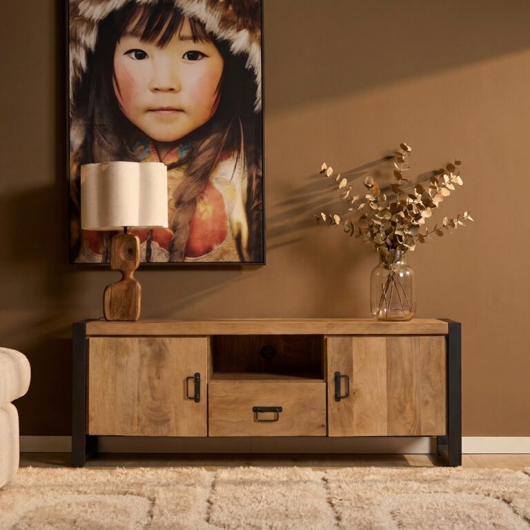 Tv meubel Britt met deuren en lade Naturel Mangohout 150 cm