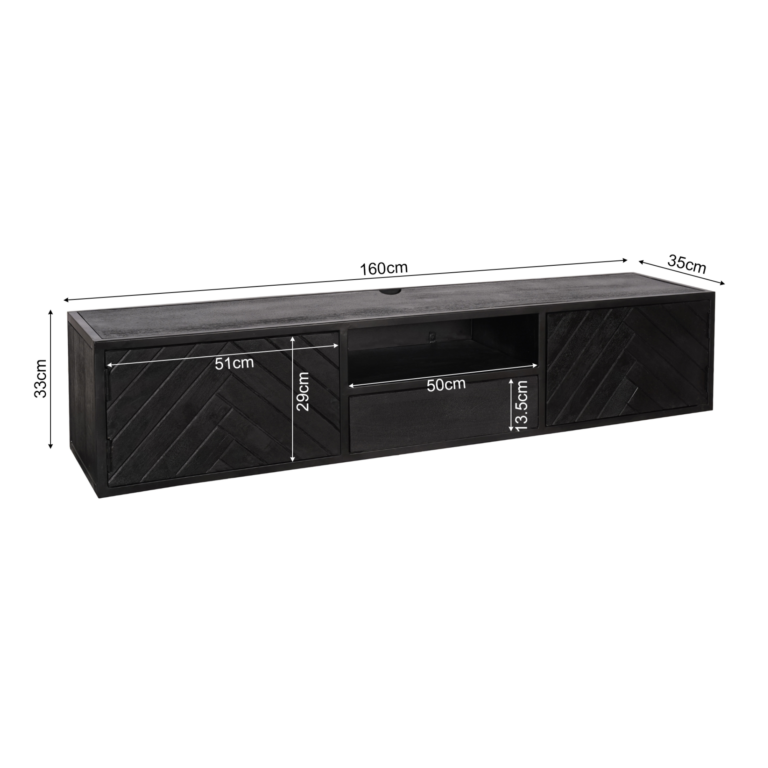 Zwevend tv meubel New York Zwart Mangohout 160 cm