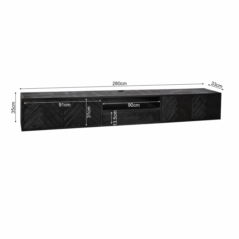 Zwevend tv meubel New York Zwart Mangohout 280 cm
